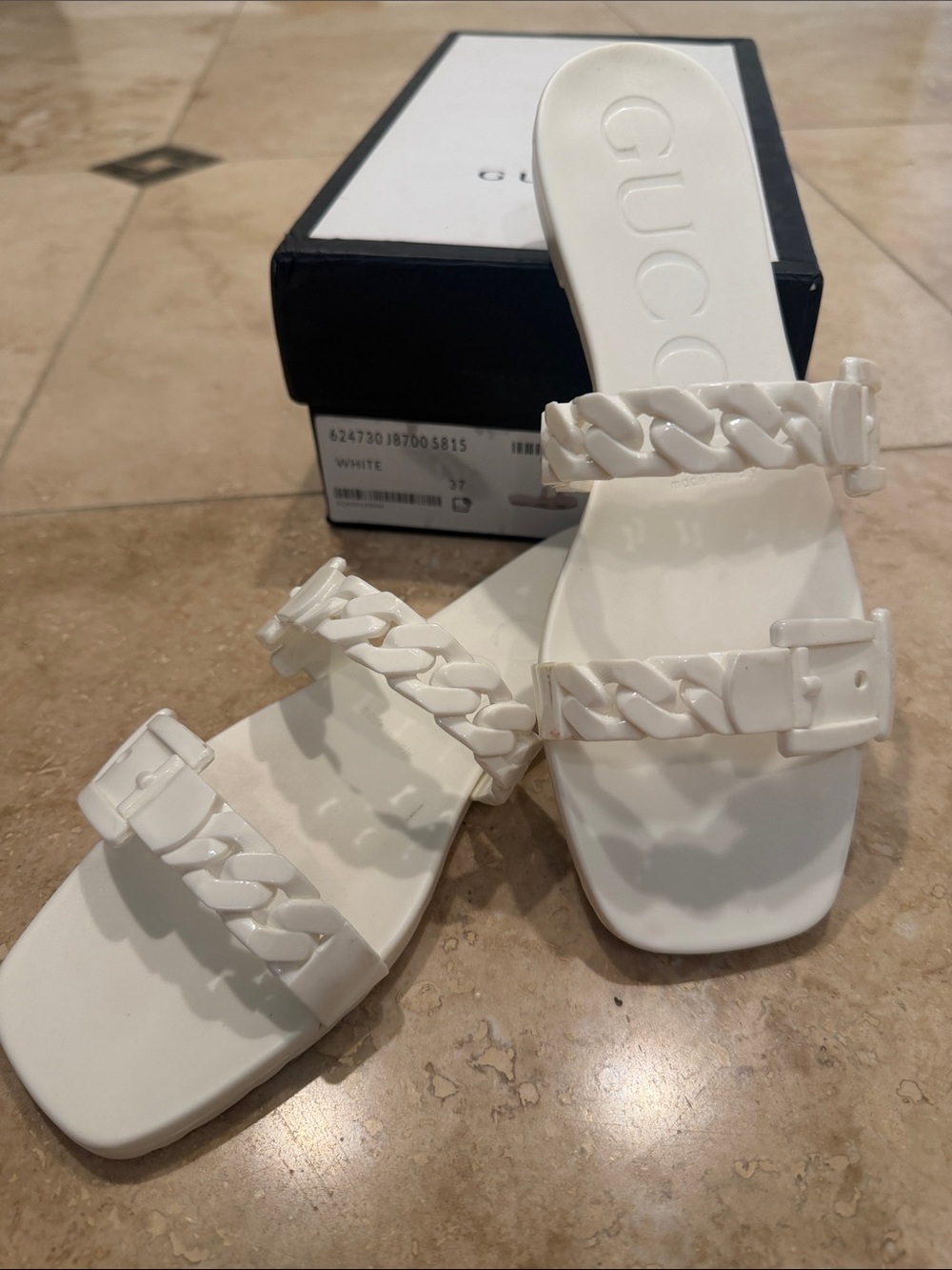 Gucci Teena White Braided Chain Strap Slide Sandals Size 37